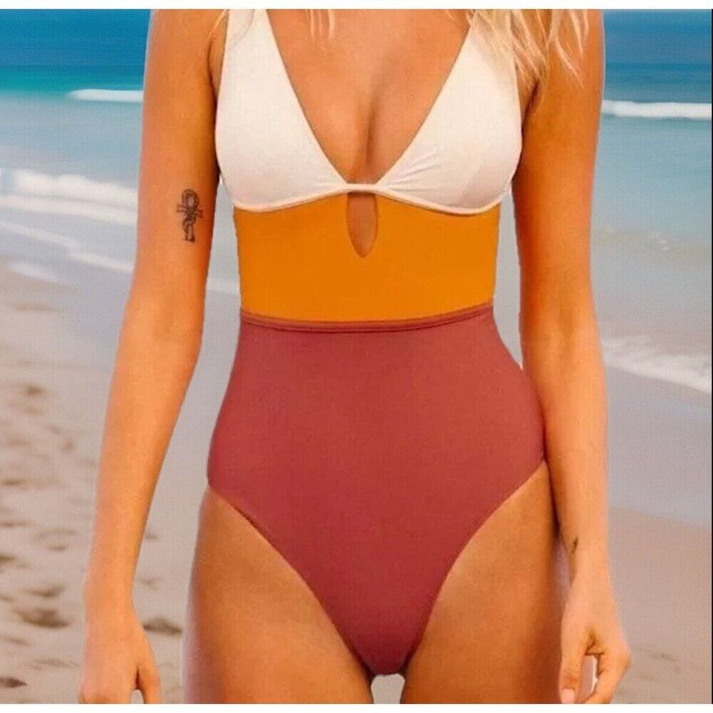 Women One Piece Cupshe Swimsuit M Orange Colorblock Tummy Contril V Neck NWT